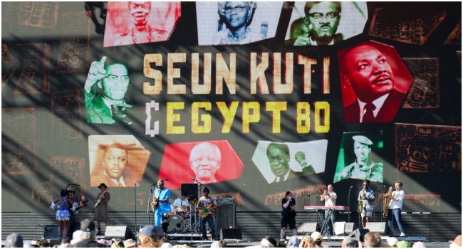 INDIO, CALIFORNIA – APRIL 11: (FOR EDITORIAL USE ONLY) Seun Kuti & Fela’s Egypt 80 perform at the Outdoor Theatre during the 2025 Coachella Valley Music and Arts Festival at Empire Polo Club on April 11, 2025 in Indio, California. Frazer Harrison/Getty Images for Coachella/AFP (Photo by Frazer Harrison / GETTY IMAGES NORTH AMERICA / Getty Images via AFP)